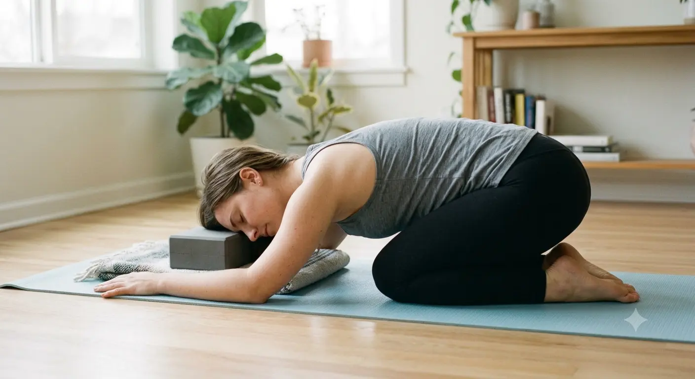 Restorative Child's Pose (Balasana) using block support for deep insomnia relief