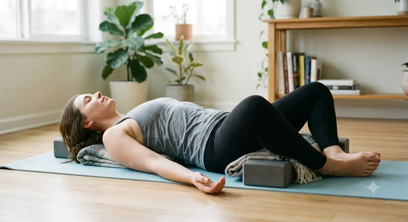 Reclining Bound Angle pose (Supta Baddha Konasana) with yoga blocks for bedtime relaxation